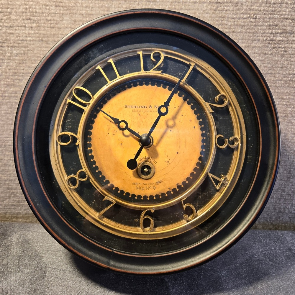 Sterling & Noble Mfg No 9 Wall Clock Black Gold Vintage Industrial Steampunk‎